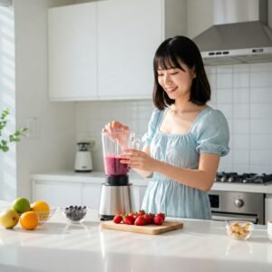 Jonge vrouw maakt in keuken een smoothie