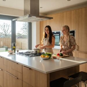 Twee jonge vrouwen in moderne houtlook gewrapte keuken