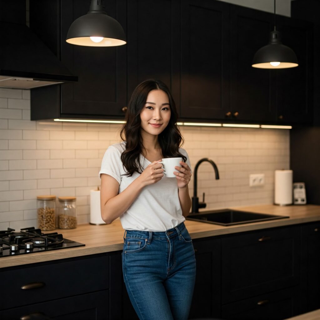 Jonge vrouw staat in een strakke moderne zwarte keuken een kopje koffie te drinken. Keuken wrappen.
